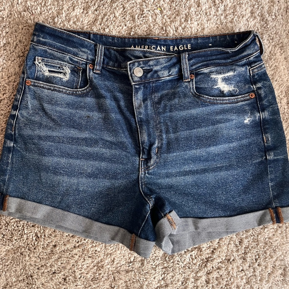American Eagle Dark Wash Crossover Denim Mom Shorts